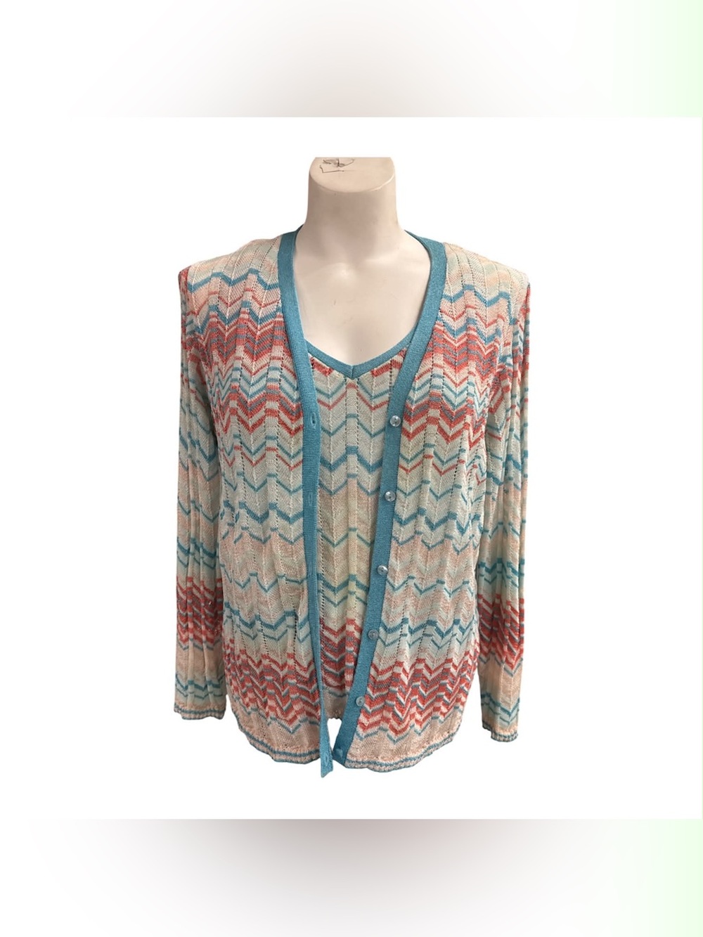 Oscar de la Renta Coral, Aqua & Cream Chevron Knit Cardigan and Shell Size L
